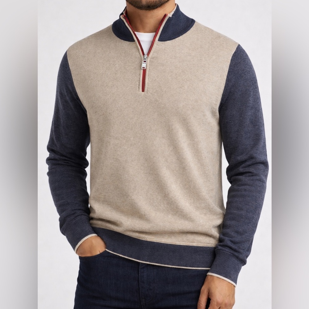 Codice Men's Beige and Gray Half-Zip Sweater Merino Cashmere Blend, Size L